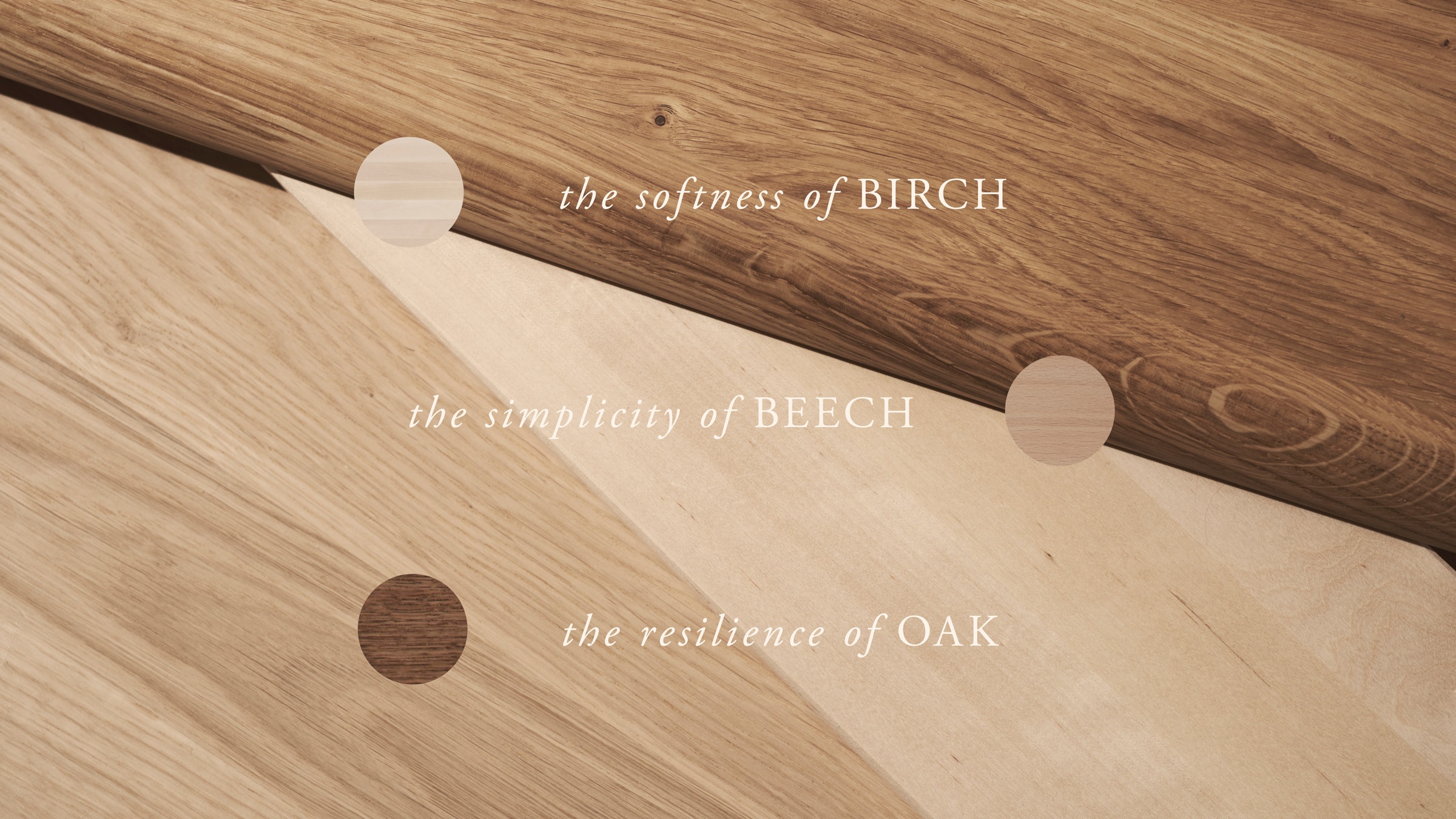 teksten "the softness of birch, the simplicity of beech and the resilience of oak" på hyller
